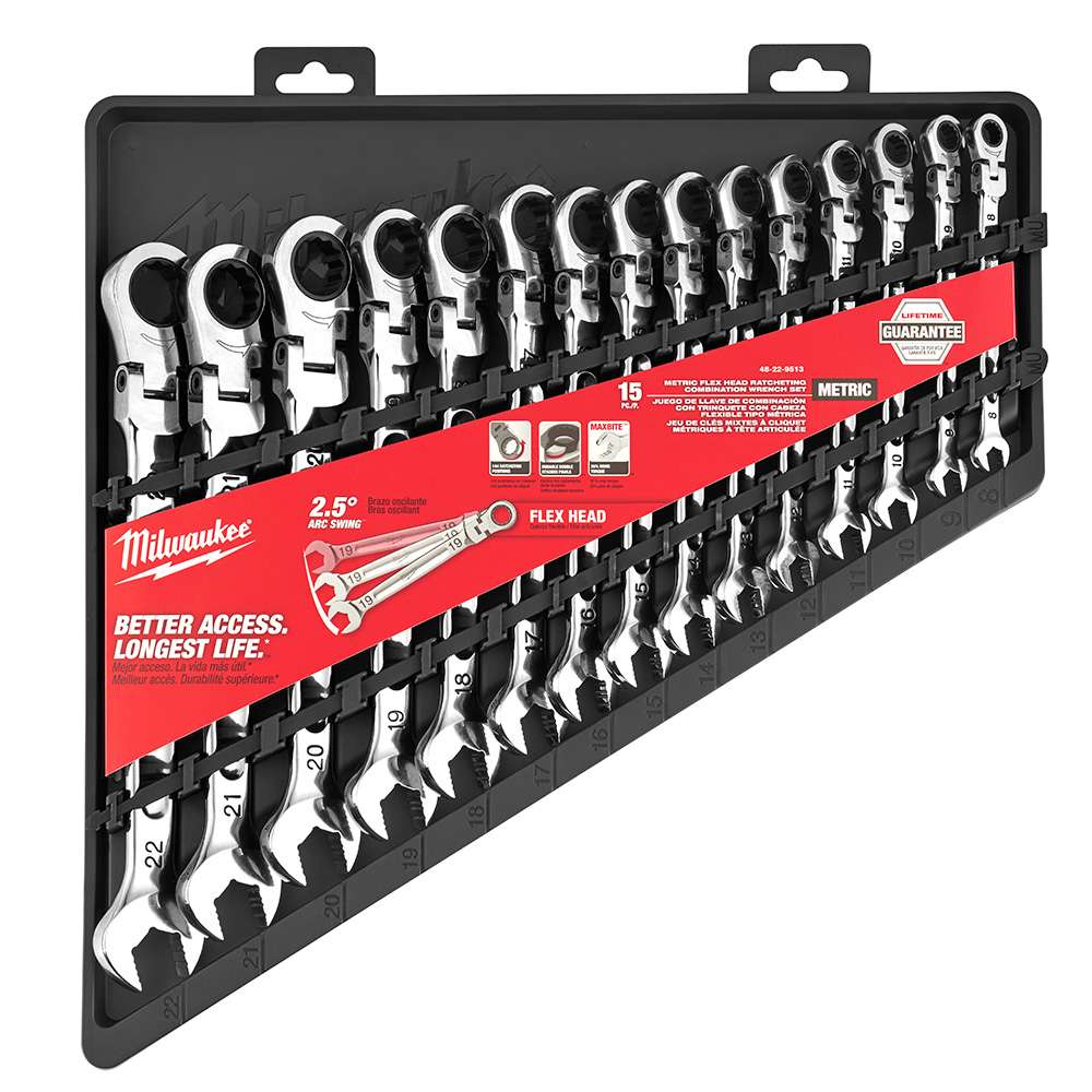 JUEGO DE LLAVES COMBINADAS DE TRINQUETE CON CABEZA FLEXIBLE MÉTRICA DE 15 PIEZAS