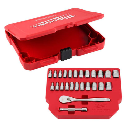 JUEGO DE DADOS Y TRINQUETE SAE Y MÉTRICO CON CUADRO DE 1/4 DE 25 PIEZAS CON CUATRO LADOS FLAT