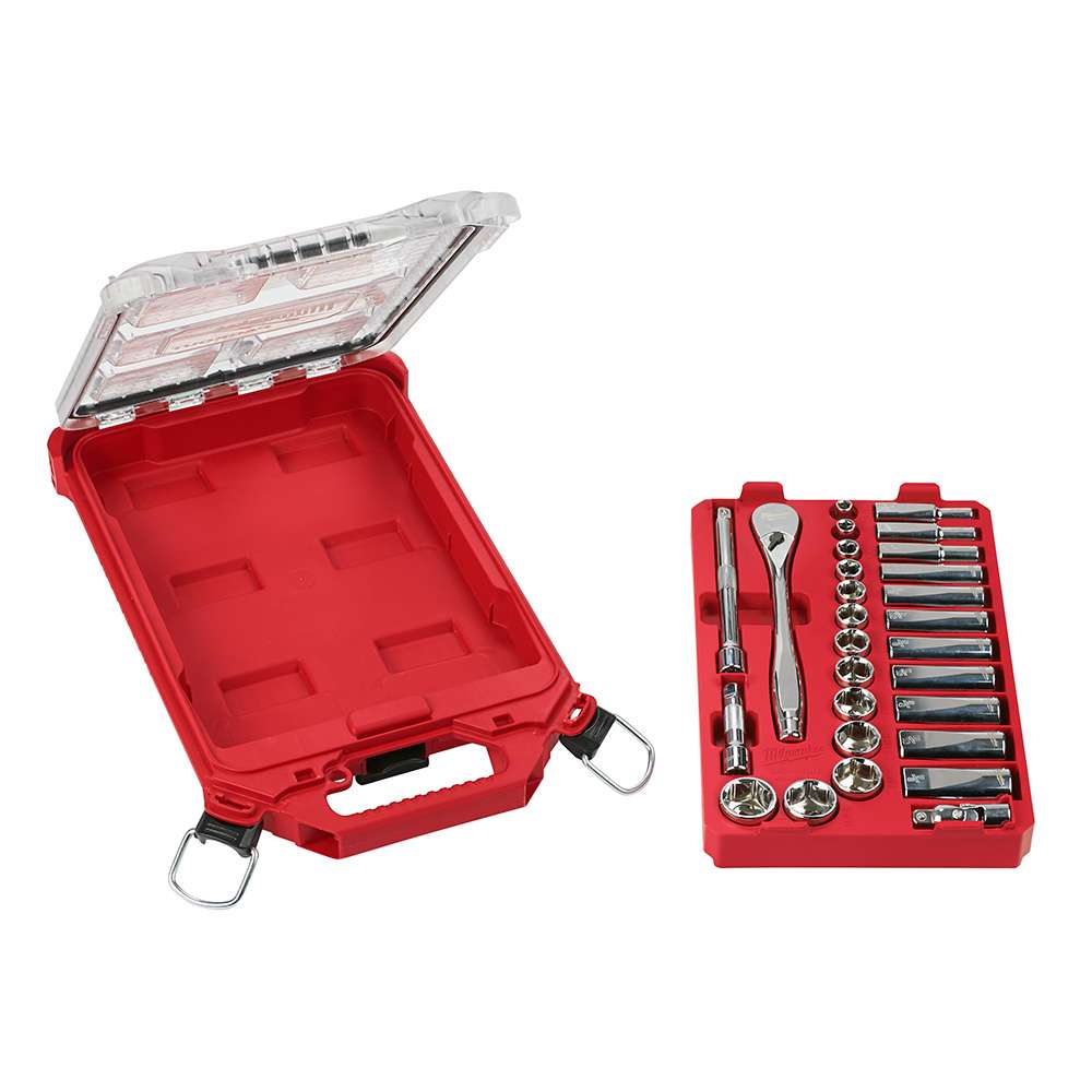 JUEGO DE DADOS Y TRINQUETE DE 28 PIEZAS CON IMPULSOR DE 3/8 CON ORGANIZADOR COMPACTO DE BAJO PERFIL PACKOUT – SAE