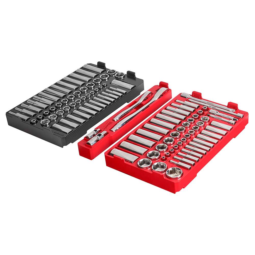 JUEGO DE DADOS Y TRINQUETES SAE Y MÉTRICOS DE 1/4 Y 3/8 DE 106 PIEZAS CON ORGANIZADOR DE BAJO PERFIL PACKOUT