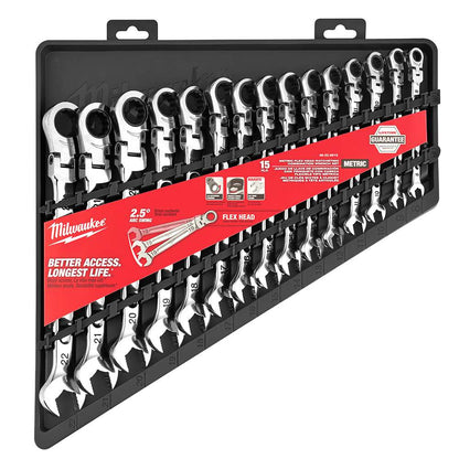 JUEGO DE LLAVES COMBINADAS DE TRINQUETE CON CABEZA FLEXIBLE MÉTRICA DE 15 PIEZAS